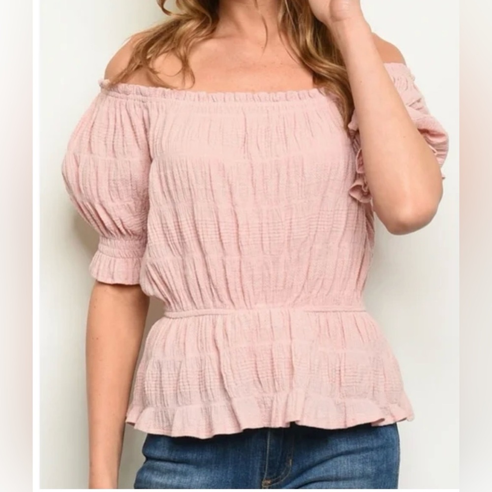 Gilli Blush smocked off the shoulder puff sleeve baby doll OX NWT